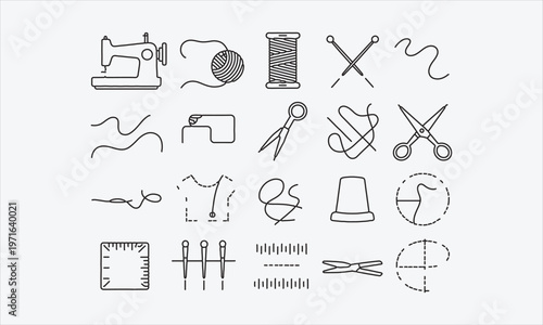 Sewing icon set. Containing needlework, knitting, stitching, fabric, sewing machine, cloth repair, thread, wool, handicraft and more. Editable line icons