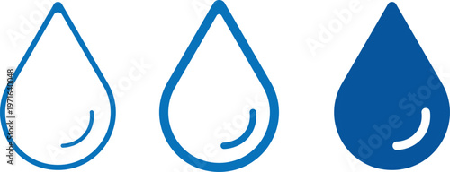 water drop icon set – flat vector teardrop symbols in outline and solid blue styles for hydration, nature and environmental design