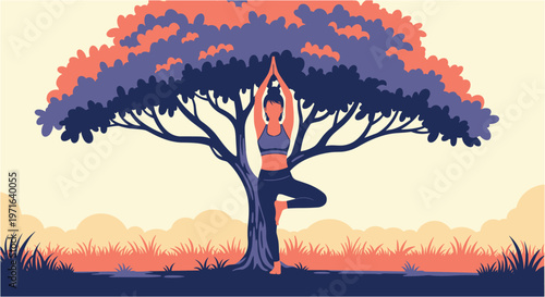 A serene illustration of a woman in a yoga tree pose, finding balance and tranquility beneath the expansive branches of a large, colorful tree at sunset.