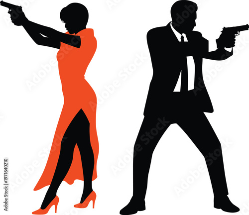 Silhouette of a male secret agent in a suit and a female assassin in a bright orange dress aiming handguns for action movie concept illustration.
