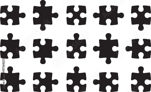 Black and white puzzle piece grid pattern, fifteen separate individual puzzle pieces with clean cut edges against white backdrop