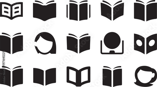 Collection of black and white book icons and human head silhouettes, showing open books, closed books, and person profiles