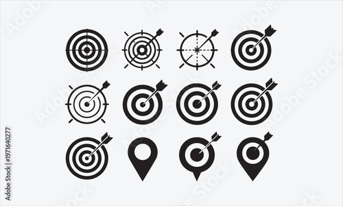 Target icon set. Goal, destination symbol collection. Focus, crosshairs and bullseye logotypes. Silhouette Vector illustration