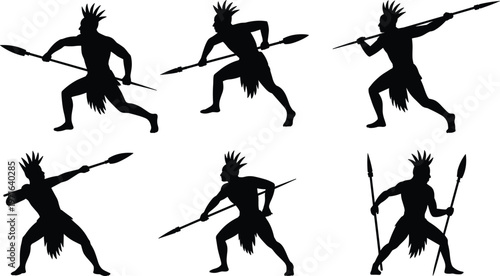 Set of black silhouettes showing tribal warriors or indigenous hunters with spears and feathered headdresses in various action poses for historical and cultural designs.