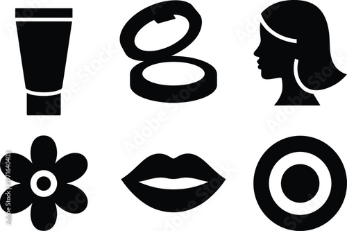 Minimalist black silhouette icon set for beauty and cosmetics industry featuring makeup tube compact powder woman head profile flower lips and round cotton pads.
