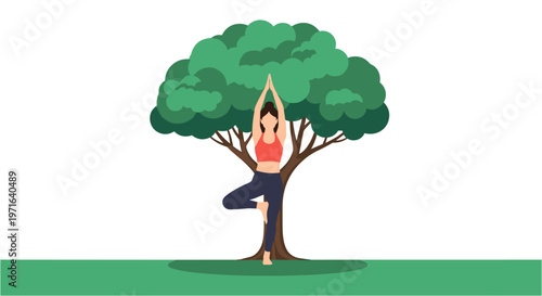 A serene woman practices the tree pose in yoga, finding balance and tranquility against the backdrop of a lush green tree, symbolizing harmony with nature.