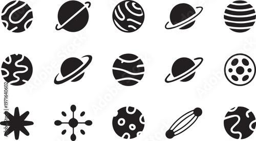Space and astronomy icons set displaying various planets stars galaxies and cosmic bodies for scientific research and educational design