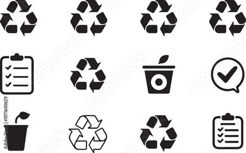 Variety of black and white recycling symbols, check marks, and plant icons on a clean white background