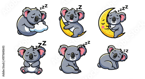 Cartoon koala bear sleeping poses set on white background