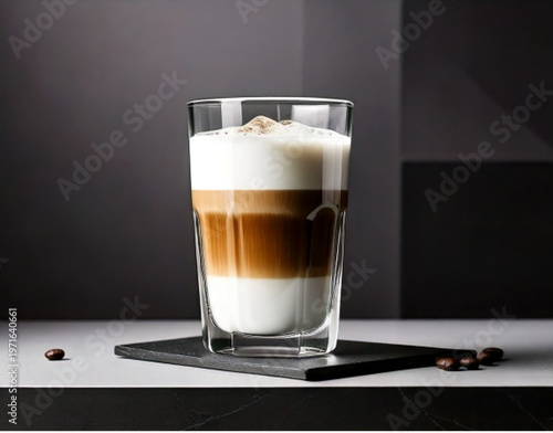 Delicious layered coffee drink with milk foam and coffee beans.