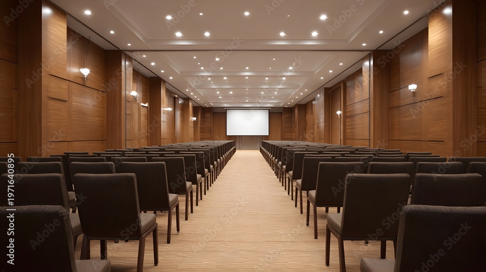 Fototapeta premium Empty modern conference hall with rows of chairs facing a projection screen