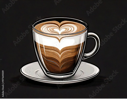 Delicious hot coffee with latte art in a clear glass mug.