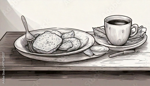 Hand drawn illustration of biscuits and coffee cup on a plate.