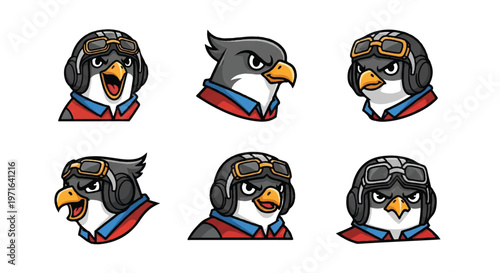 Cartoon falcon head set with pilot goggles and uniform