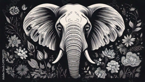 Detailed Elephant Head Surrounded by Floral Elements in Black and White.