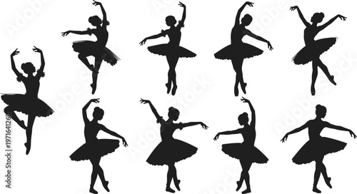 Ballet dancer silhouettes in classical poses with tutus, graceful stage performance, elegant choreography, artistic movement, expressive dance art illustration