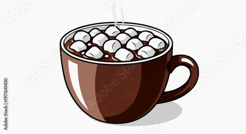 A vector graphic illustration of a brown coffee mug filled with hot chocolate and marshmallows in white background.