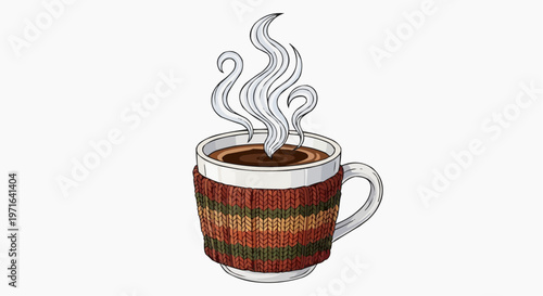 A vector graphic illustration of a steaming hot coffee mug wrapped in a colorful knitted sleeve in white background.
