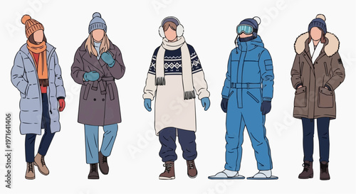 A vector graphic illustration of five people dressed in winter clothing standing in a row in white background.