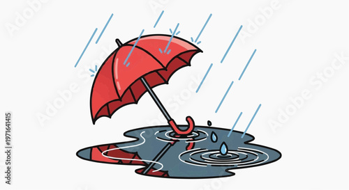 A cartoon illustration of a red umbrella broken and turned inside out in a puddle of water on a rainy day in white background.