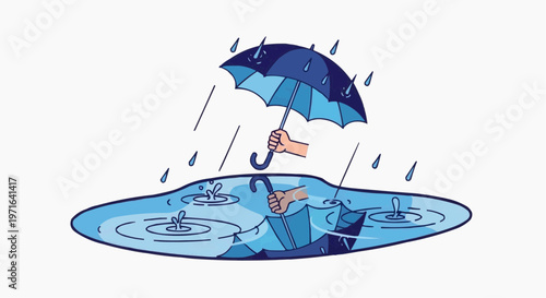 A vector graphic illustration of a person struggling in a puddle of water while holding an umbrella in white background.