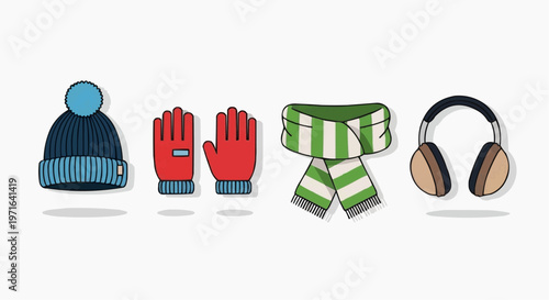 A colorful vector illustration of winter clothing and accessories on a white background in white background.