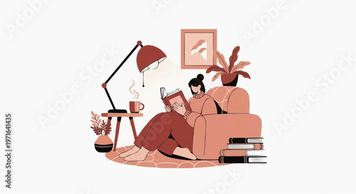 A woman relaxes on a couch with a book and a cup of coffee in a cozy living room with a lamp and plants in white background.