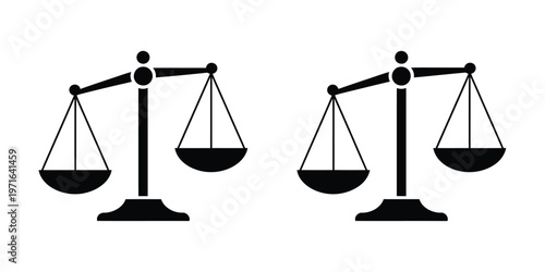 Scale and balance icons illustrating weight comparison on libra of justice symbol for legal judge attorney lawsuit and sentence