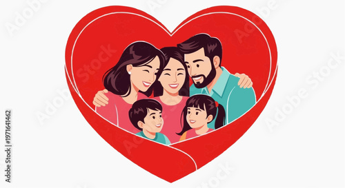 A heartwarming illustration of a family inside a red heart in white background.