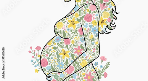 A pregnant woman with a floral pattern on her body standing in a serene and peaceful environment. in white background.