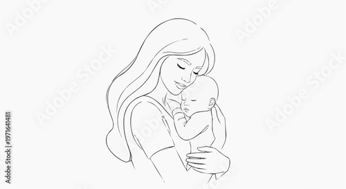 A minimalist line art illustration of a mother tenderly holding and kissing her baby in white background.