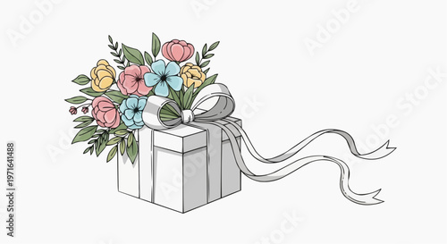 A beautifully illustrated gift box adorned with a bouquet of colorful flowers and a ribbon in white background.