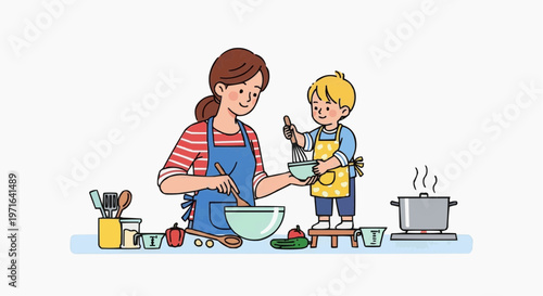 A mother and child cooking together in a kitchen with a pot on the stove in white background.