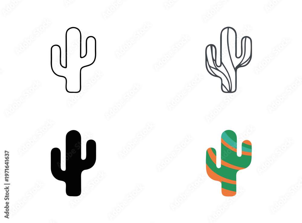Fototapeta premium Cactus Icon Set – Minimal Outline, Bold Fill, Duotone Desert Plant Vector Collection