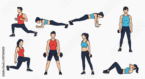 A vector graphic illustration of people performing various fitness exercises and workouts in a flat design style in white background.