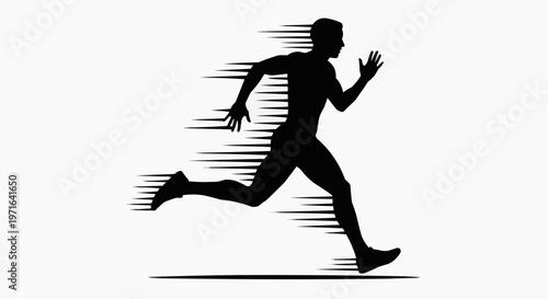 A black silhouette of a man running quickly with motion lines behind him in white background.