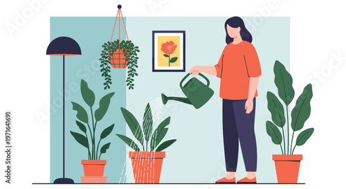 A woman diligently waters her indoor plants, creating a serene and green living space, fostering a sense of calm and connection with nature.