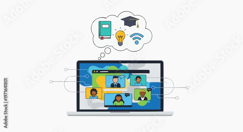 A vector graphic illustration of a laptop with a video conference on the screen and a thought bubble with education icons above it in white background.