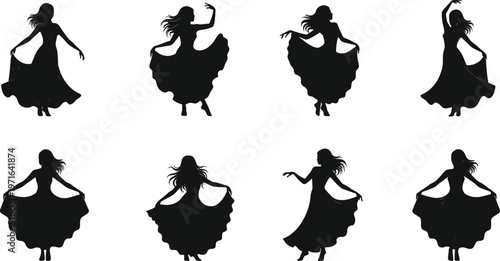 Elegant female dancer silhouettes in flowing long dress, expressive dance poses, graceful stage performance, artistic choreography, cultural movement, fluid dance illustration