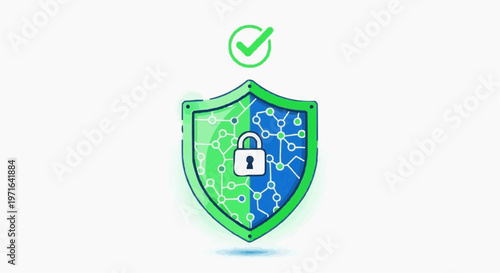 A green and blue shield with a white lock and checkmark symbolizing security and protection in white background.