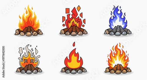 A set of colorful cartoon campfire illustrations with various flame designs in white background.