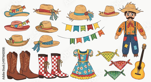 A colorful vector illustration of a scarecrow and various country-themed items in white background.