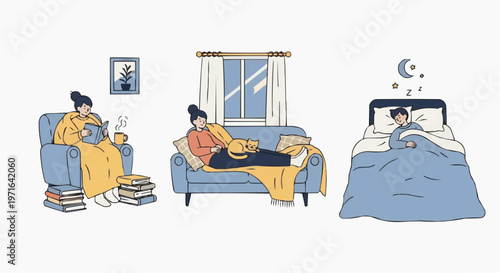A vector graphic illustration of a person relaxing in different places at home in white background.