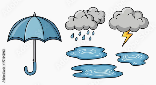 A vector graphic illustration of a blue umbrella and rain puddles with stormy weather in white background.
