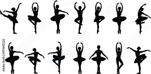 Ballet dancer silhouettes in classical poses with tutus, expressive stage performance, elegant choreography, graceful movement, artistic dance art illustration