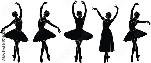 Ballet dancer silhouettes in classical poses with tutus and pointe shoes, graceful stage performance, elegant choreography, expressive dance art illustration