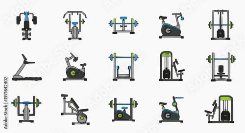 A collection of various gym equipment icons in a flat design style in white background.