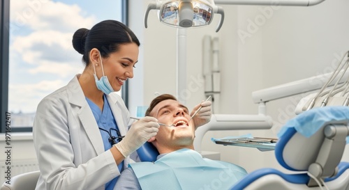 Smiling female dentist provides a thorough dental examination to a happy male patient in a modern clinic, ensuring good oral health and a comfortable experience