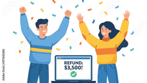 Couple Celebrating Tax Refund Success with Confetti