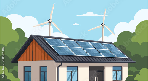 Modern house with rooftop solar panels and wind turbines, symbolizing sustainable living, renewable energy, and eco-friendly home solutions.